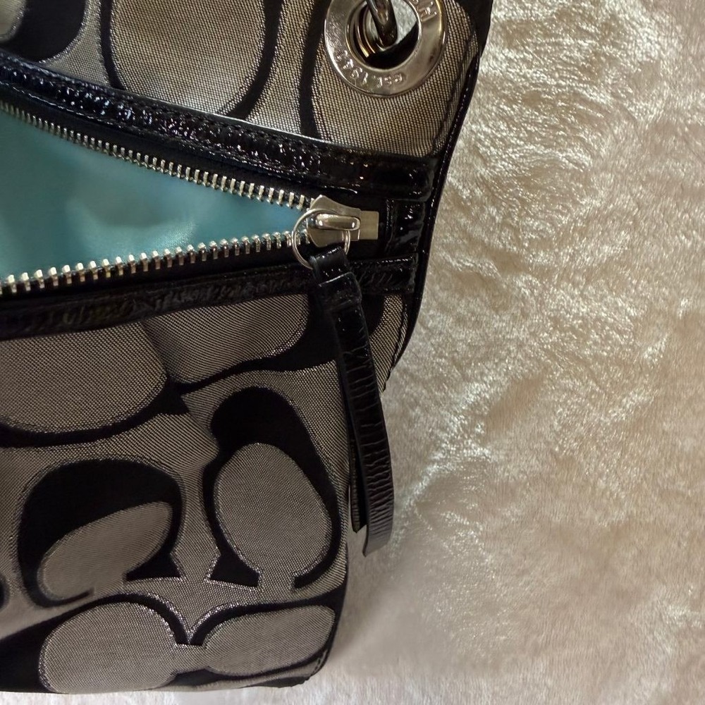 Coach Poppy Signature Sateen Metallic Shoulder Bag Black Silver Zip Tote Purse - Picture 10 of 12